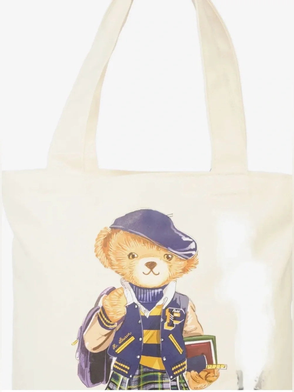 Polo Ralph Lauren Natural GIRL BACK TO SCHOOL BEAR 13.0” Canvas Zip Top Tote Bag